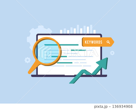 High performing SEO keywords research, search engine ranking strategy. High Intent seo keywords, long-tail phrases digital marketing analytics dashboard, modern flat infographic UI vector illustration 136934908