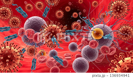 インフルエンザウイルスと戦う免疫細胞のイメージ 136934941