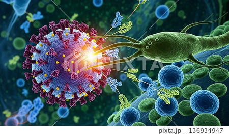 インフルエンザウイルスと戦う免疫細胞のイメージ インフルエンザウイルスと戦う免疫細胞のイメージ 136934947