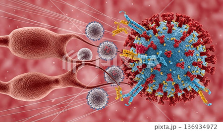 インフルエンザウイルスと戦う免疫細胞のイメージ 136934972