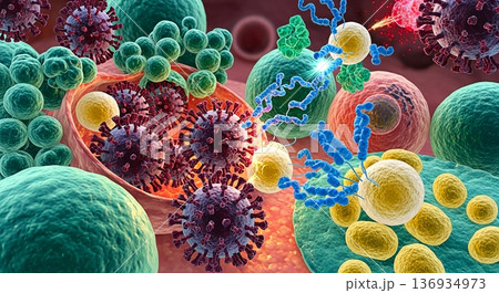 インフルエンザウイルスと戦う免疫細胞のイメージ 136934973
