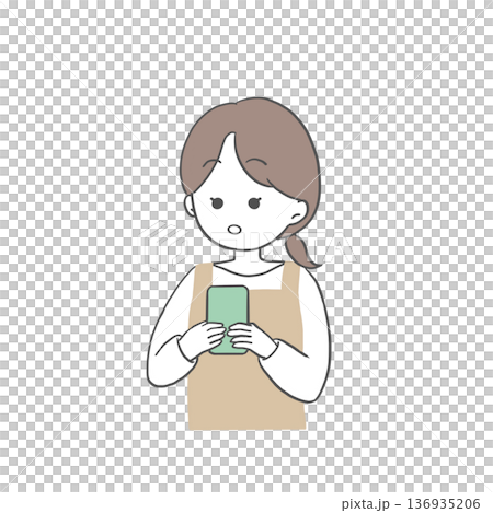 A woman in an apron operating a smartphone with a surprised expression A woman in an apron operating a smartphone with a surprised expression 136935206