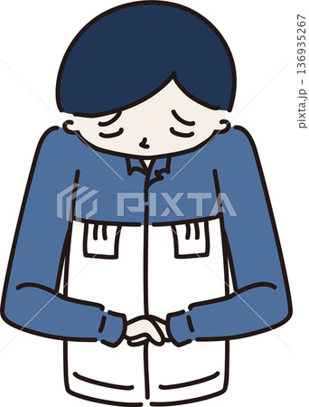 謝る作業服を着た男性のイラスト　青色の制服 136935267