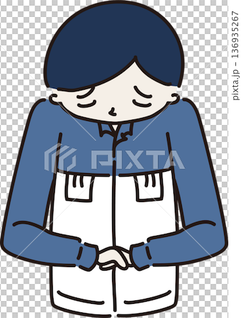 謝る作業服を着た男性のイラスト　青色の制服 136935267