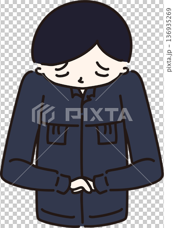 Illustration of a man in work clothes apologizing, navy blue uniform Illustration of a man in work clothes apologizing, navy blue uniform 136935269