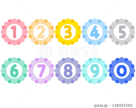 カラフル 花型 数字セット|POP|0〜9｜花,数字,1,2,3,4,5,6,7,8,9,0, 136935565