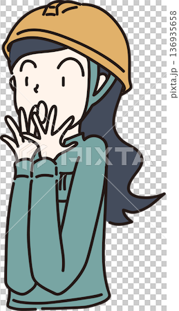 Illustration of a surprised woman wearing a helmet and work clothes. Green uniform Illustration of a surprised woman wearing a helmet and work clothes. Green uniform 136935658