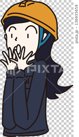 Illustration of a surprised woman wearing a helmet and work clothes, navy blue uniform Illustration of a surprised woman wearing a helmet and work clothes, navy blue uniform 136935659