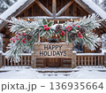 Christmas Happy Holidays Wooden Sign with Snowy Pine Branches and Cabin 136935664