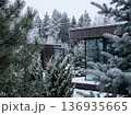 Christmas winter forest landscape with modern wooden cabins and frosted pine branches 136935665