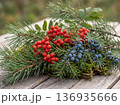 Christmas natural arrangement with pine branches red rowan and blue juniper berries on wood 136935666