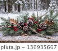 Christmas decoration with pine cones and red berries on snowy wood 136935667
