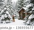 Christmas Winter Snow Cabin in Forest with Rustic Decorations 136935677
