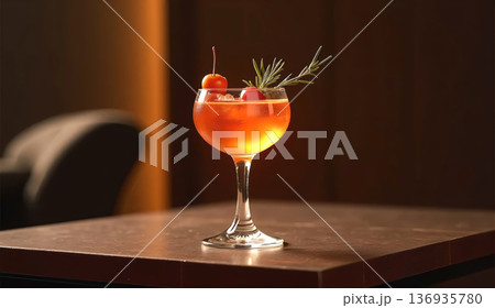 Orange cocktail with rosemary and kumquat garnish in coupe glass. Bar drink for celebration and party. Alcoholic beverage for restaurant. 136935780