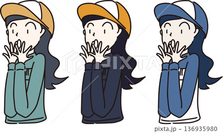 帽子をかぶり作業服を着た女性が驚いているイラスト カラバリセット 帽子をかぶり作業服を着た女性が驚いているイラスト カラバリセット 136935980