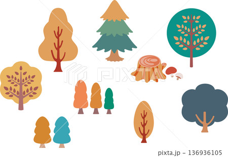 北欧風の木と森のアイコンセット。エコロジー、環境保護、自然をテーマにしたベクター素材 136936105