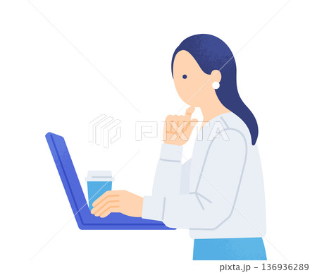 ノマド・副業する女性。カフェや自宅でリラックスしてリモートワークする人物のイラスト素材。 136936289