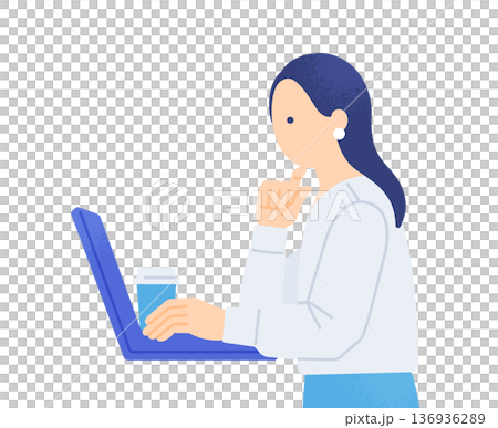 Illustration of a woman working a side job as a nomad. Relaxing and working remotely in a cafe or at home. Illustration of a woman working a side job as a nomad. Relaxing and working remotely in a cafe or at home. 136936289