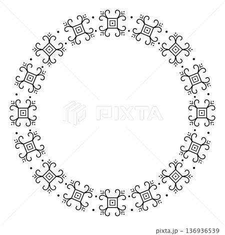 Seamless round tribal geometric ornament frame ethnic symbolic line elements. 136936539