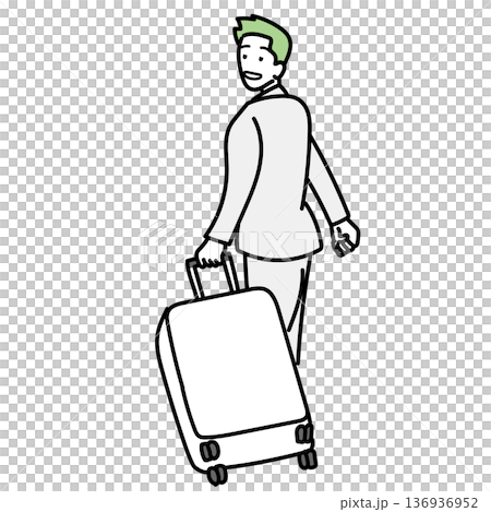 イラスト素材: スーツを着てキャリーバッグを引く男性の後ろ姿 イラスト素材: スーツを着てキャリーバッグを引く男性の後ろ姿 136936952