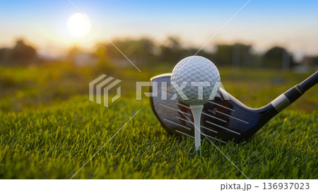 Golf clubs and balls on a green lawn in a beautiful golf course with morning sunshine. 136937023