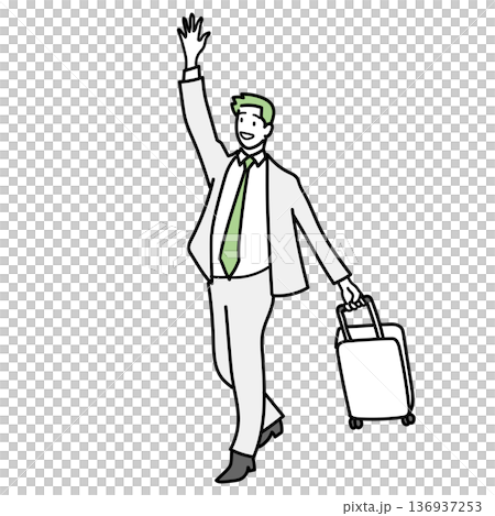 イラスト素材: スーツを着てキャリーバッグを持ち手を挙げる男性 136937253