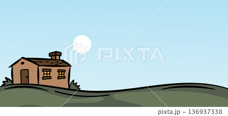 Cottage Illustration On Green Hills Cartoon Style .Vector Illustration 136937338