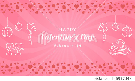 Happy Valentines Day Greeting Banner with Sunburst and Hearts 136937348