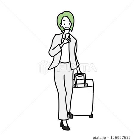 イラスト素材: スーツを着てキャリーバッグを引きながらスマホを見る女性 136937655