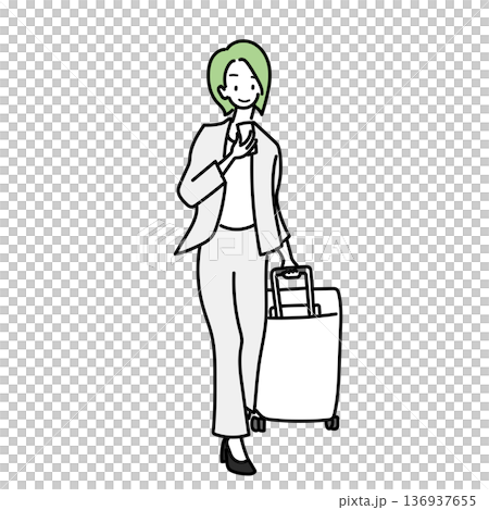 イラスト素材: スーツを着てキャリーバッグを引きながらスマホを見る女性 136937655