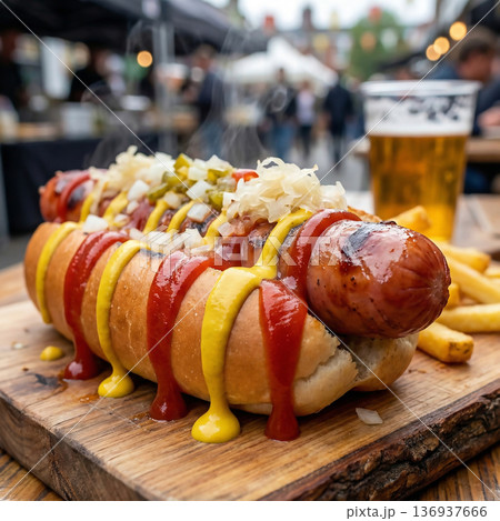 ケチャップとマスタードがこぼれ落ちそうになっているシズル感のあるホットドック 136937666