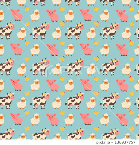 Seamless pattern with cute farm animals cow pig sheep and chicken vector illustration. 136937757