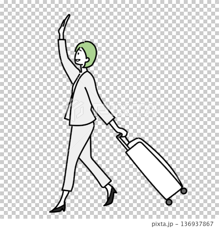 Stock Illustration: A woman wearing a suit and waving with a smile while pulling a carry case Stock Illustration: A woman wearing a suit and waving with a smile while pulling a carry case 136937867