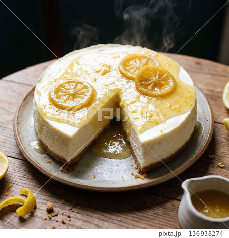 シズル感のあるレモンソースがたっぷりかかったレアチーズケーキ 136938274