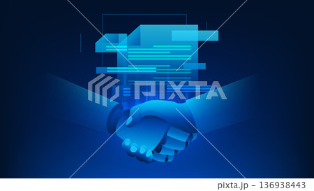 Technology background featuring a handshake between a human and a robot with digital agreement documents in the background, AI collaboration, smart contracts, business partnership, and transformation 136938443