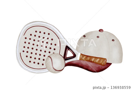 Padel tennis racket,ball and cap watercolor illustration. Clip art of sports equipment. Ideal for brochures, banners, and booklets for squash or badminton. 136938559