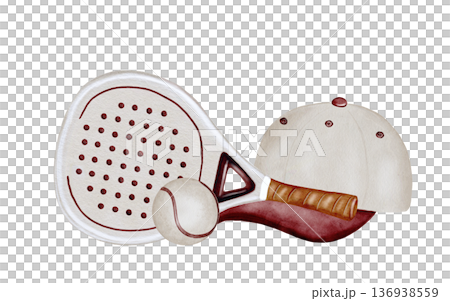 Padel tennis racket,ball and cap watercolor illustration. Clip art of sports equipment. Ideal for brochures, banners, and booklets for squash or badminton. 136938559