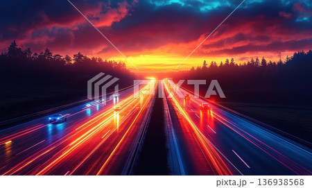 Highway at Sunset with Light Trails from Moving Cars Highway at Sunset with Light Trails from Moving Cars 136938568