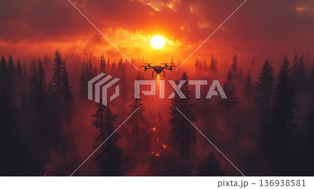 Surveillance drone over wildfire at sunse 136938581