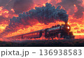 Vintage Steam Train Moving at Sunset with Smoke 136938583