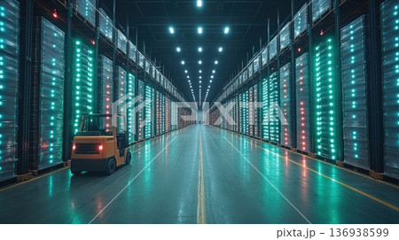 Futuristic forklift operating in high-tech warehouse 136938599