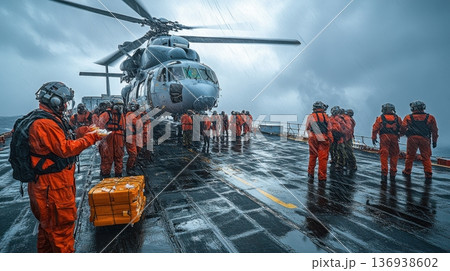 Military helicopter landing on aircraft carrier in stormy weather 136938602