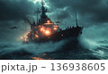 Military warship and helicopters in stormy night operation 136938605