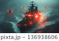 Military warship and helicopters in stormy night operation 136938606