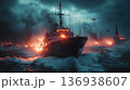 Military warship and helicopters in stormy night operation 136938607