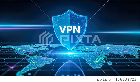 Glowing blue shield with VPN text standing on digital world map background concept of internet security privacy virtual private network 136938723