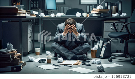 Desperate businessman sitting on floor grabbing head in messy office concept bankruptcy financial crisis debt failure burnout stress loss mental health 136938725