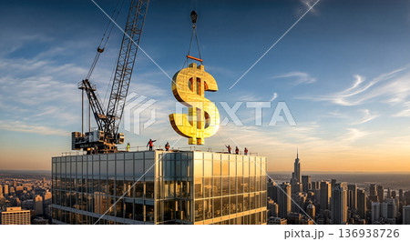 Construction crane lifting huge gold dollar sign on skyscraper roof concept financial growth economic success real estate market profit investment wealth 136938726