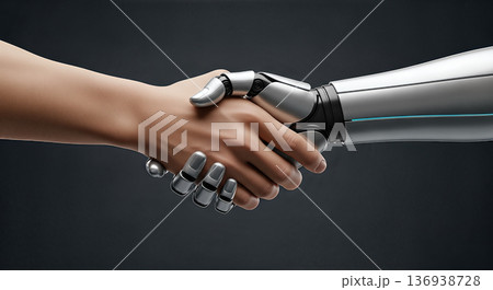 Human hand shaking robot mechanical arm technology partnership concept artificial intelligence automation future industry agreement collaboration trust 136938728