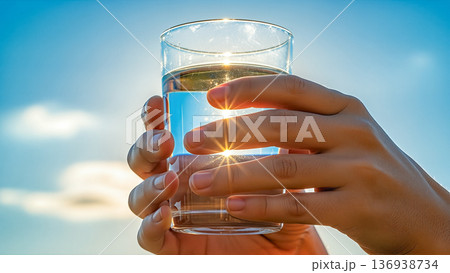 Hands holding glass of fresh clear water against blue sky with bright sun shining through transparency summer hydration 136938734